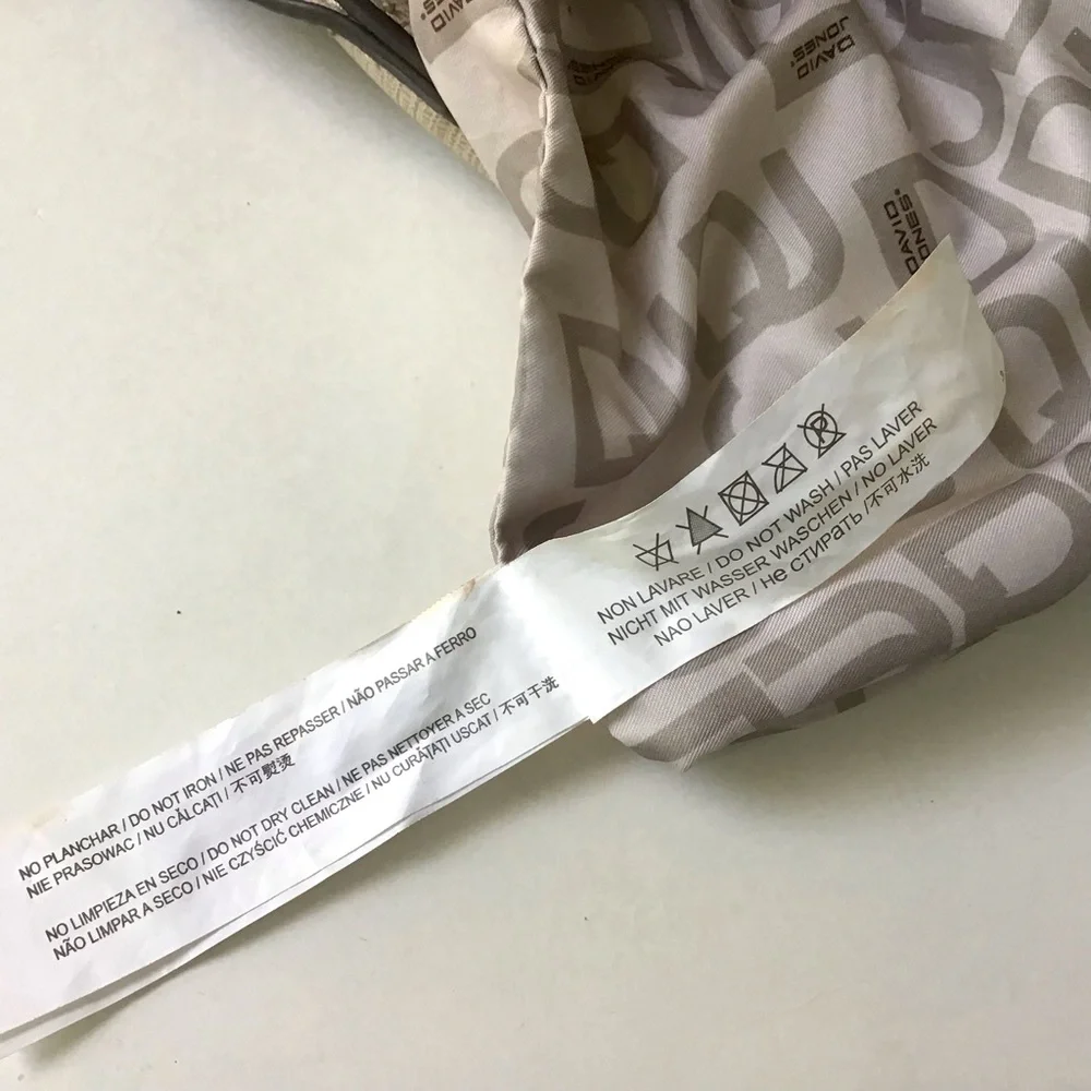 David Jones Tote Purse Hobo Bag Cream & Black Textile Print & Synthetic Leather